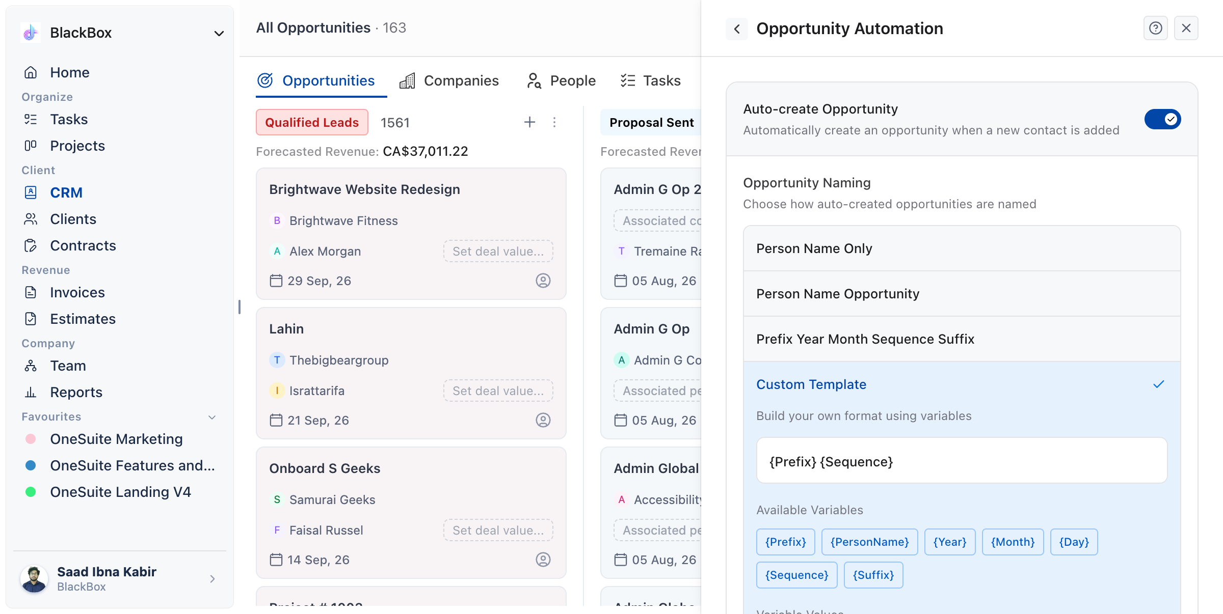 CRM Customize drawer on Opportunity Automation, with the Auto-create Opportunity switch on and the Custom Template rule expanded