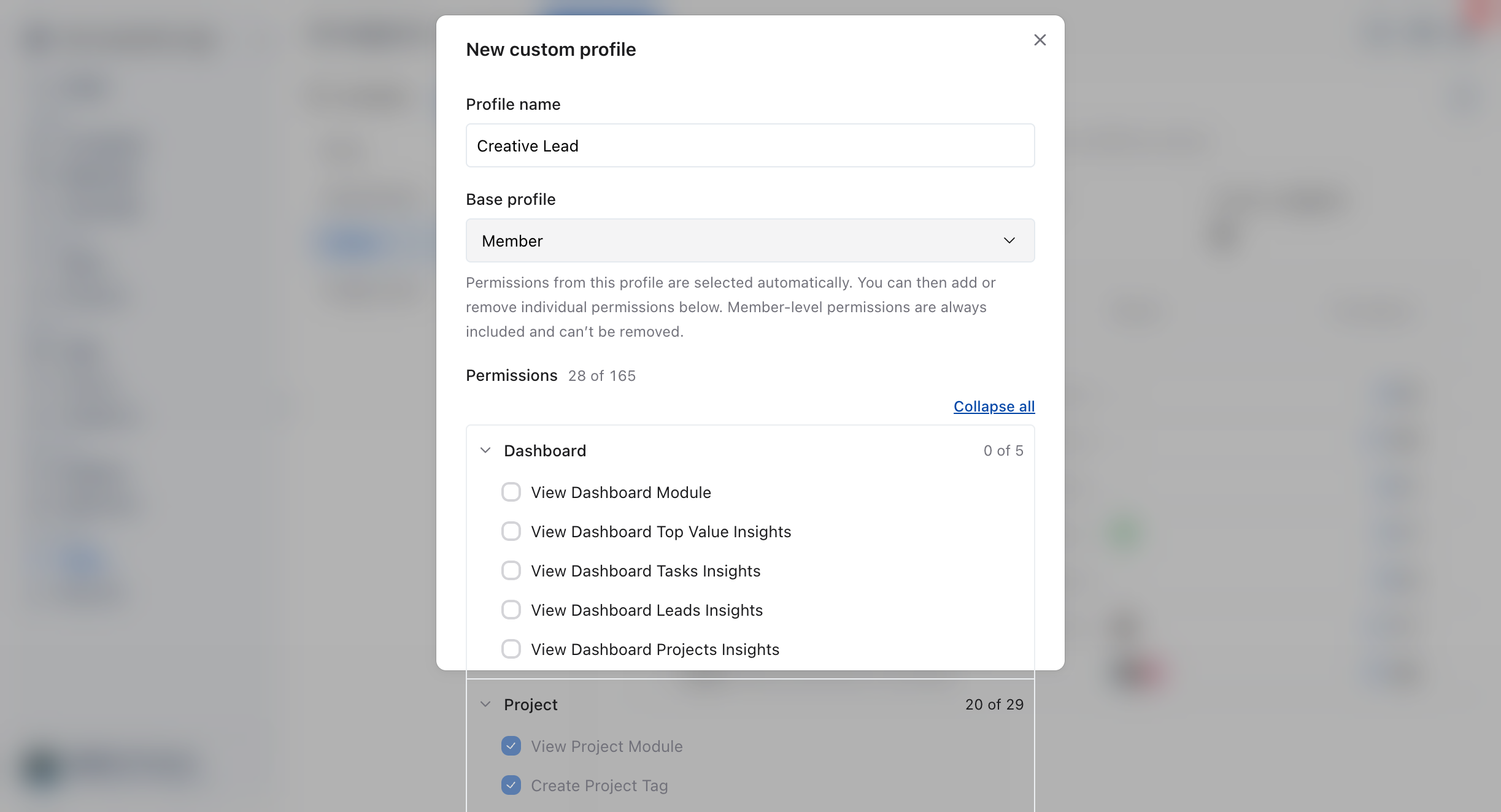 Team, Assignments, Profiles with the New custom profile dialog open, showing Profile name, Base profile and the Permissions count