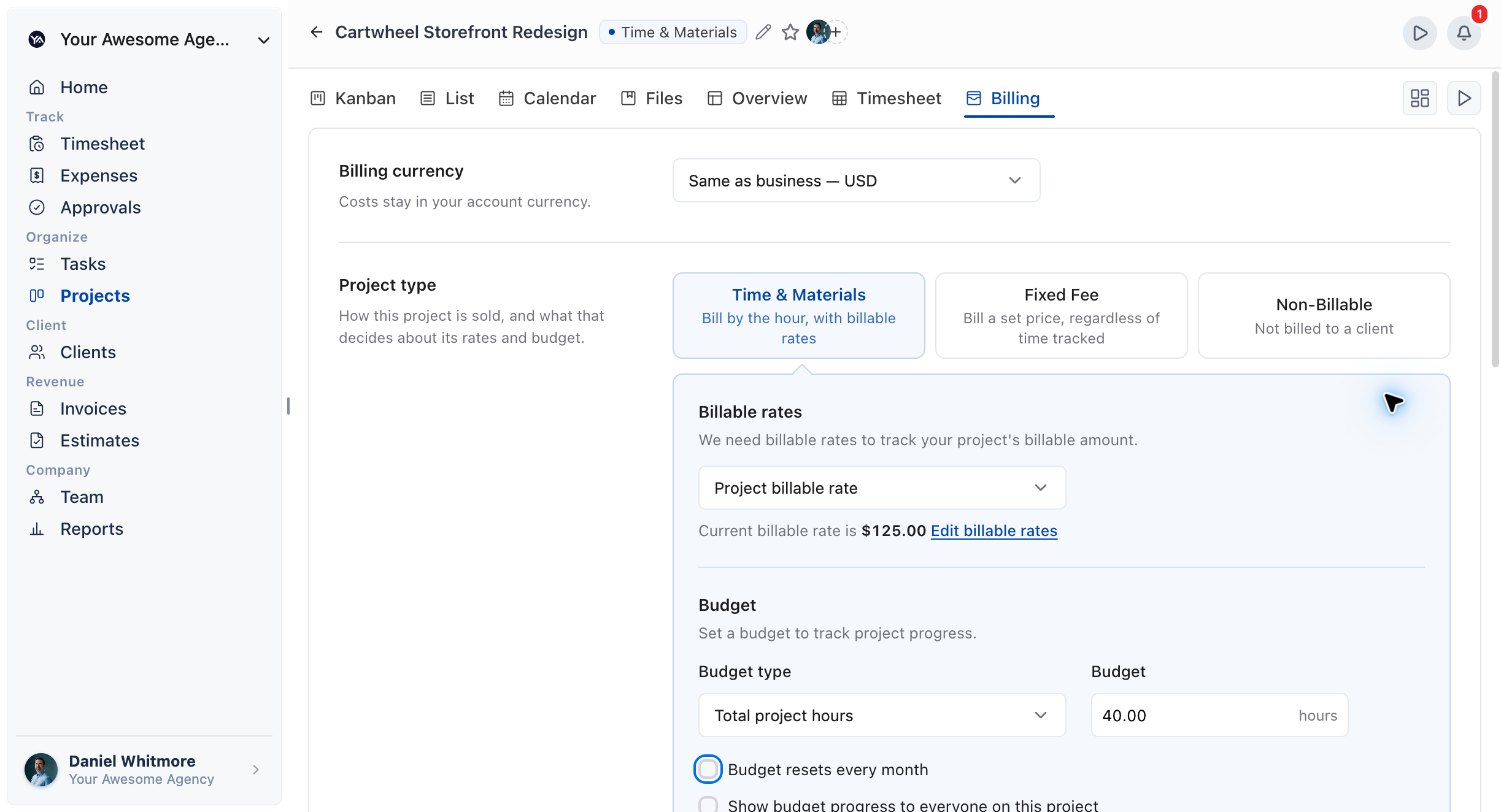 Project Billing tab showing Billing currency, Project type set to Time & Materials, and the Billable rates card