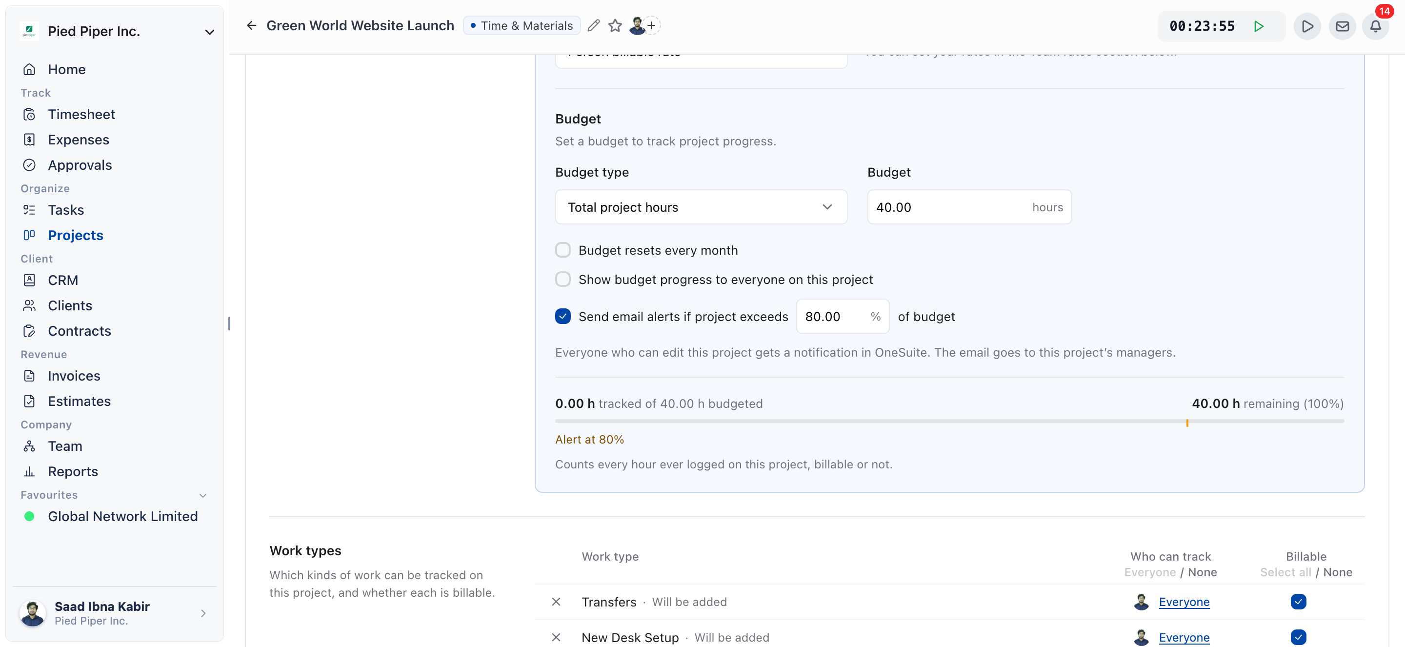 Project Billing tab, Budget card with Budget type set to Total project hours, Budget set to 40 hours and Send email alerts if project exceeds 80% of budget ticked