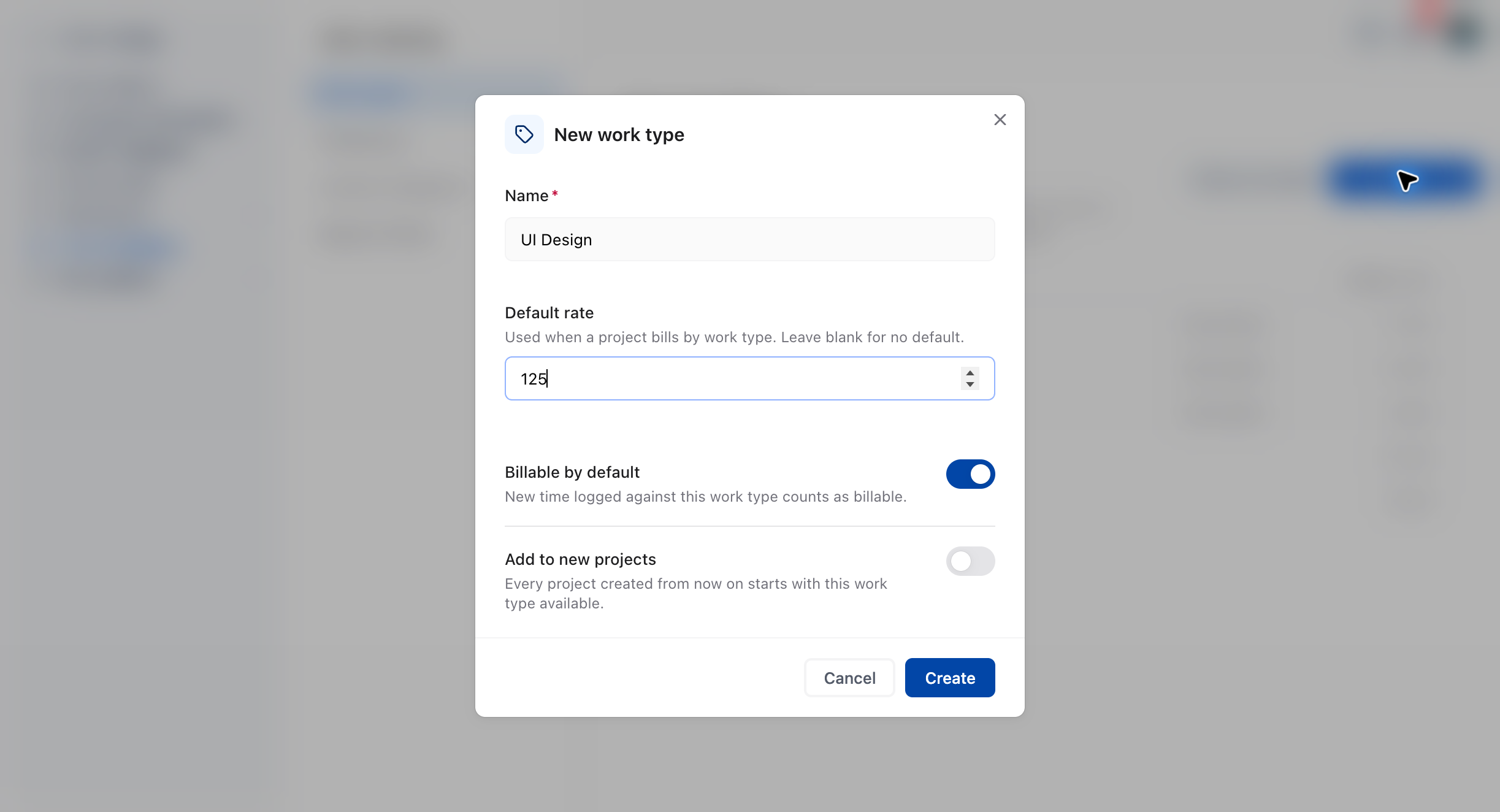 Settings, Time Tracking, Work Types page with the New work type dialog open