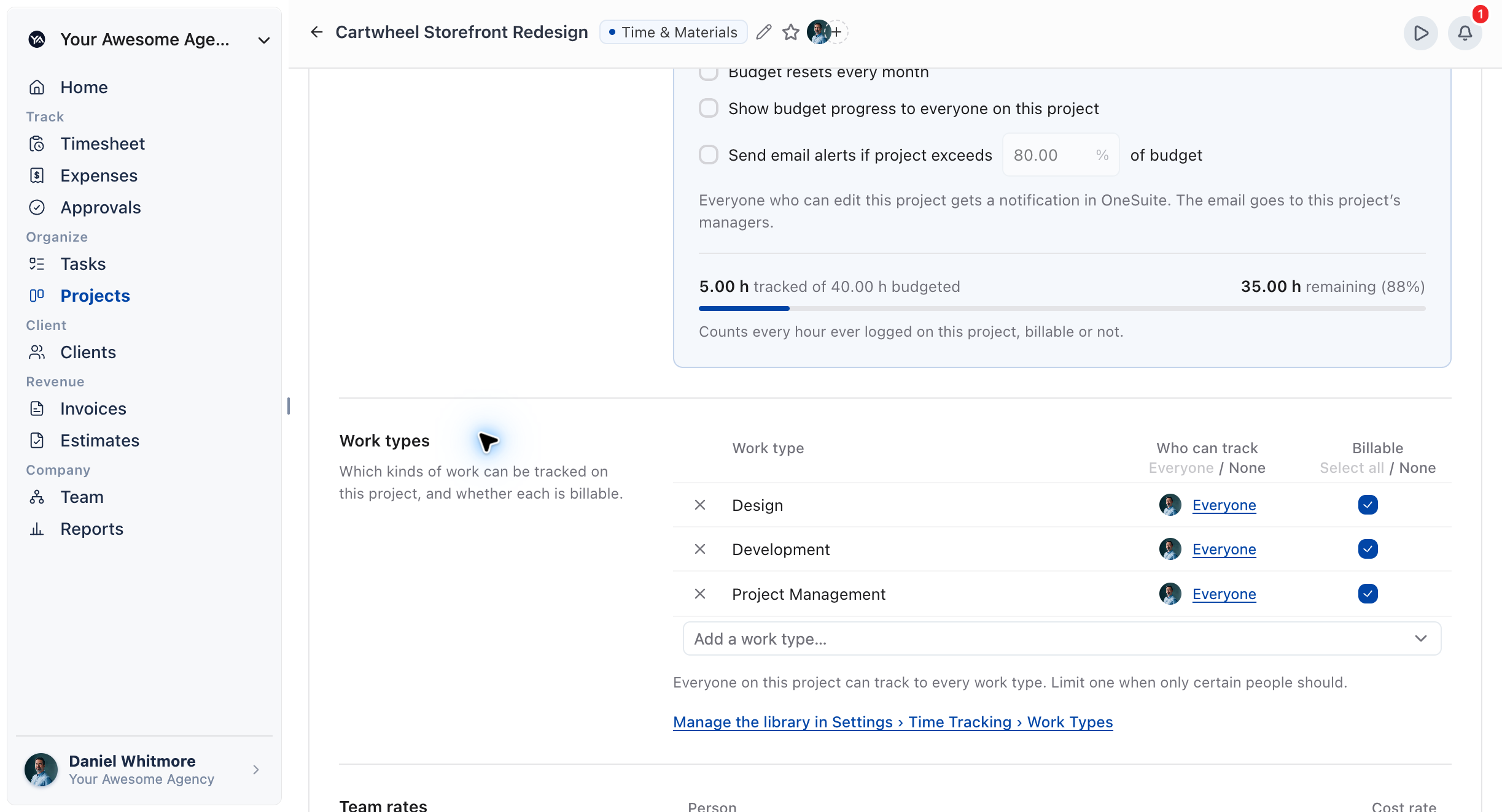Project Billing tab showing the Work types card with the Who can track and Billable columns