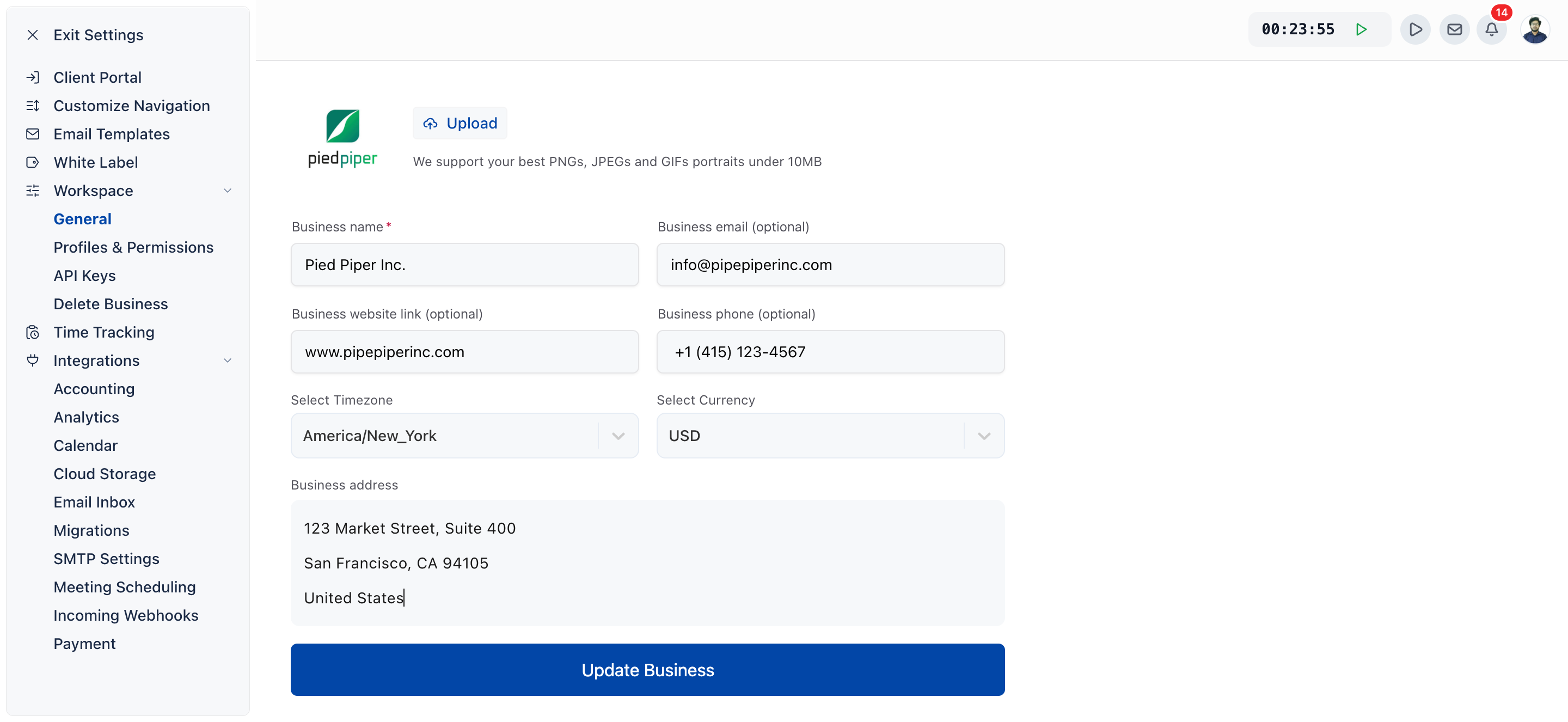 Settings, Workspace, General page with the logo uploader, Business name, Timezone, Currency and Business address filled in