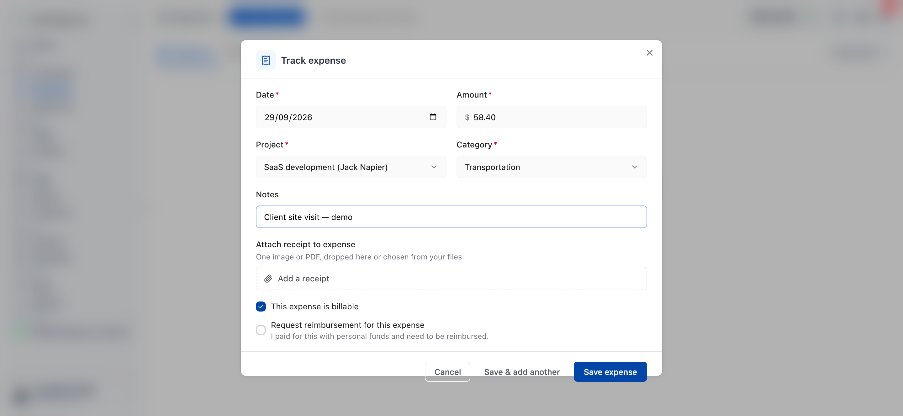 Expenses page with the Track expense dialog open and the Project and Category fields filled in