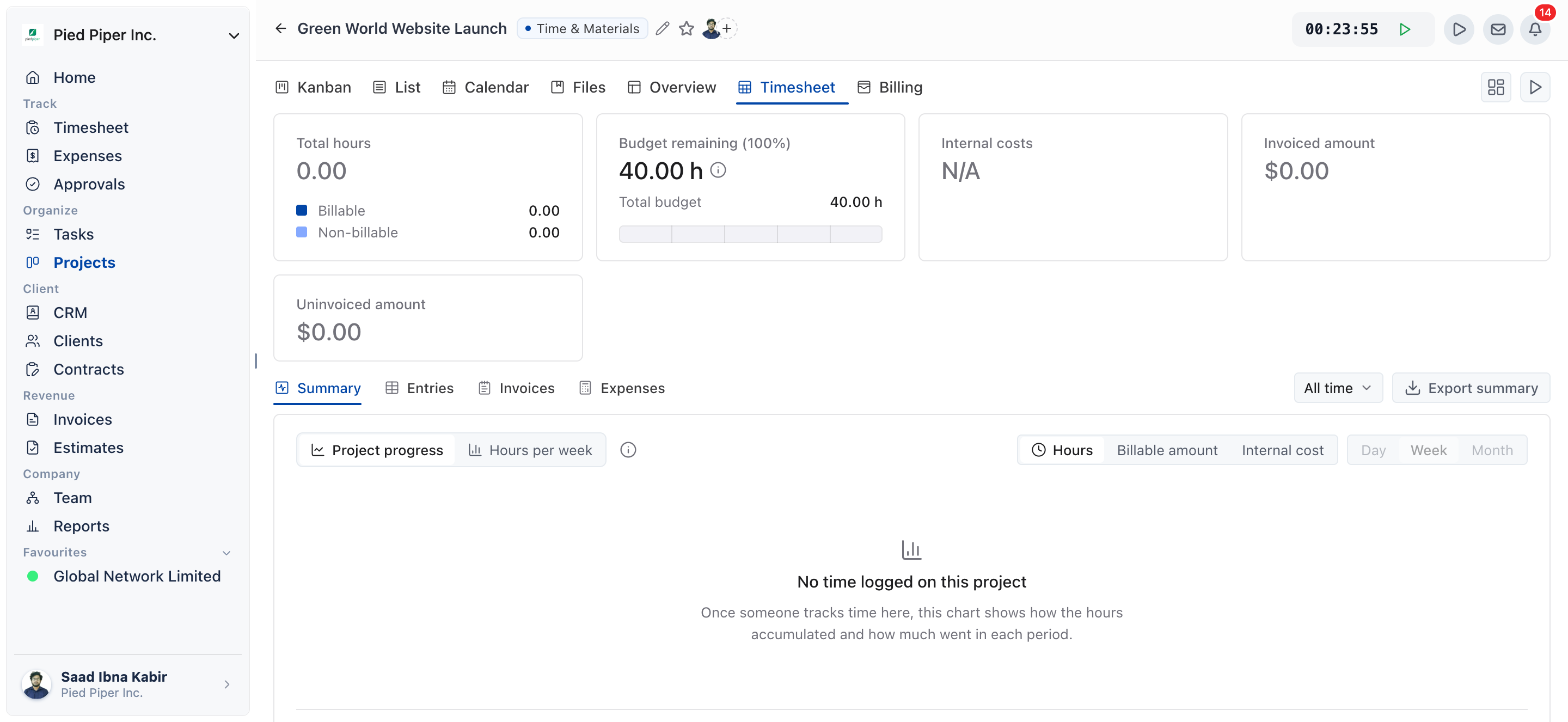 Project Timesheet tab, Summary view, showing the Total hours, Budget remaining, Internal costs, Invoiced amount and Uninvoiced amount cards