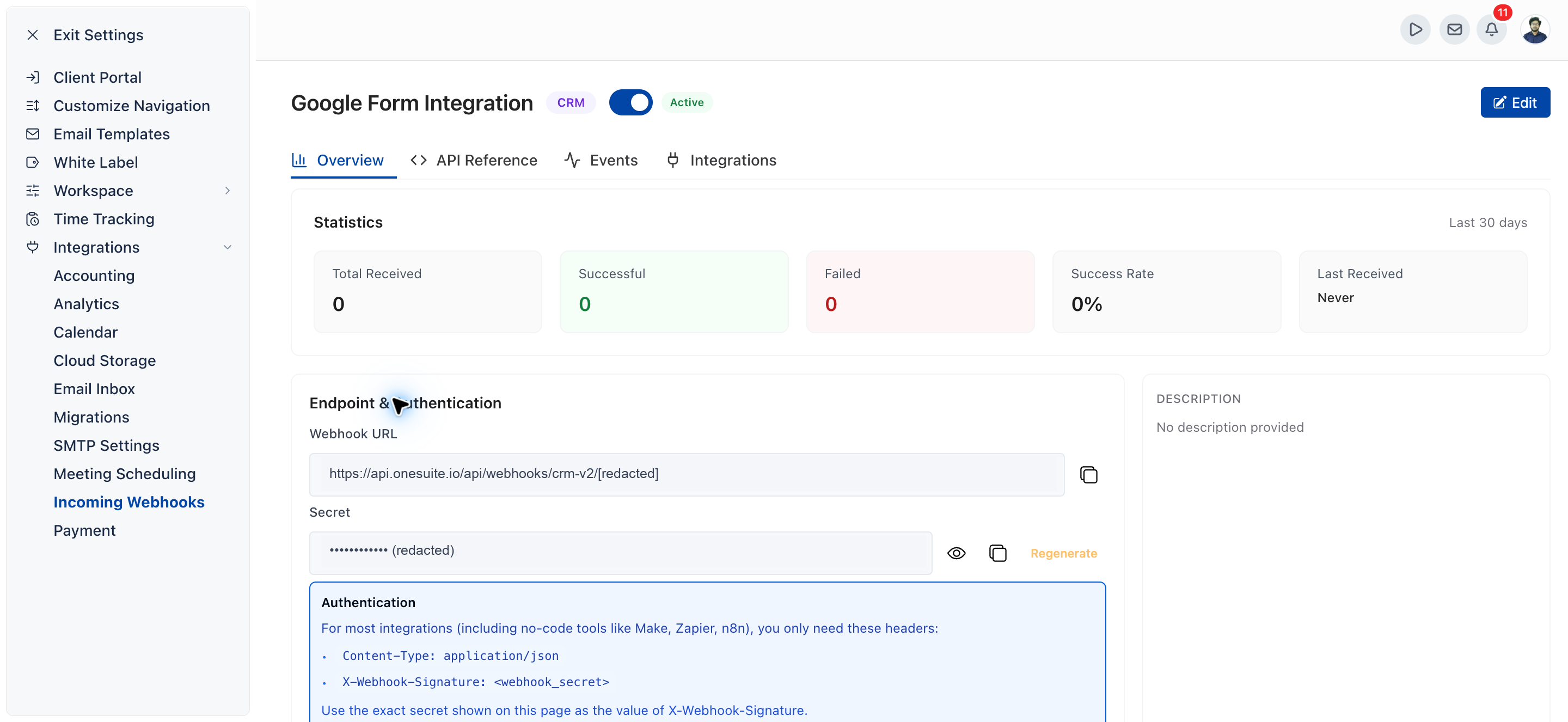 Incoming webhook Overview tab showing the Webhook URL, the masked Secret with its eye, copy and Regenerate controls, and the Authentication box