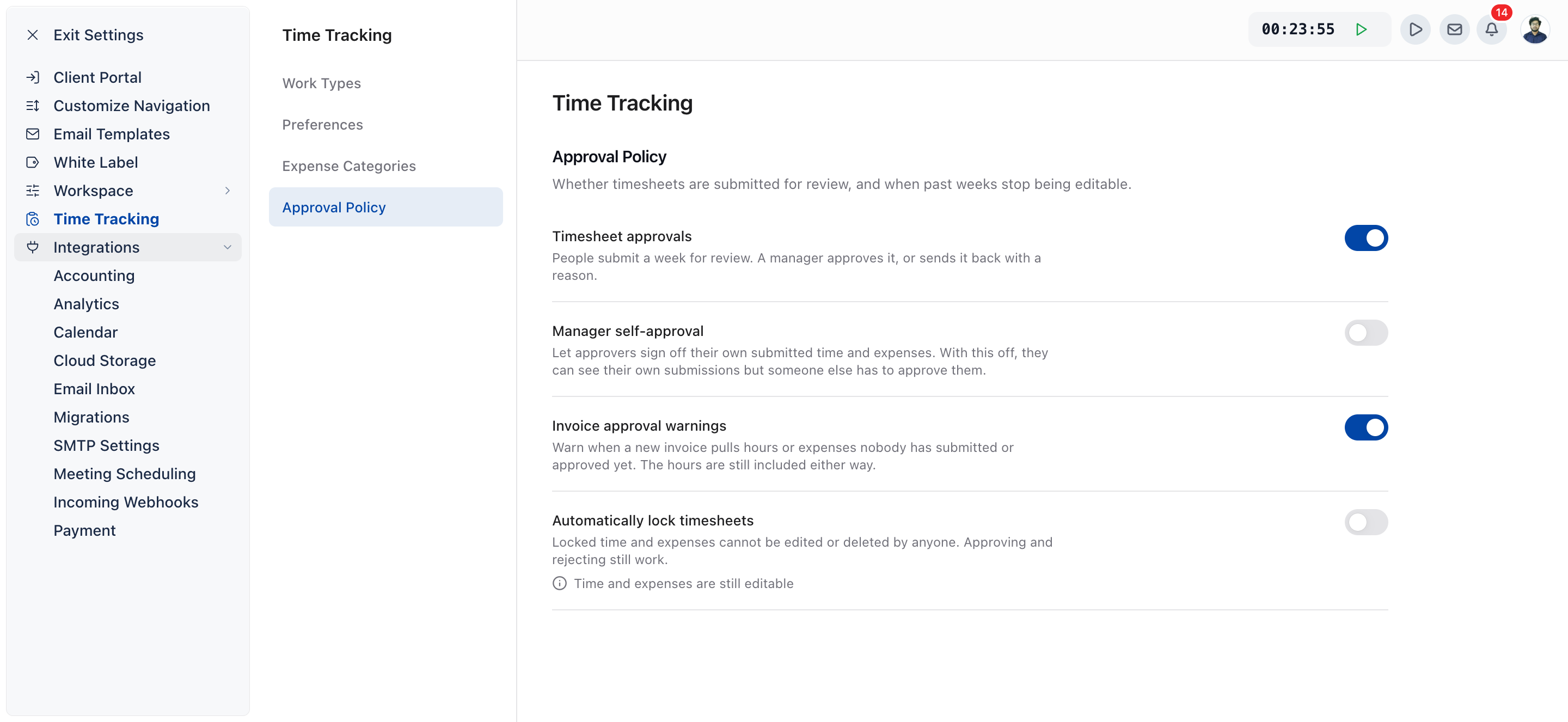 Settings menu with the Integrations heading expanded, showing its nine pages from Accounting to Payment