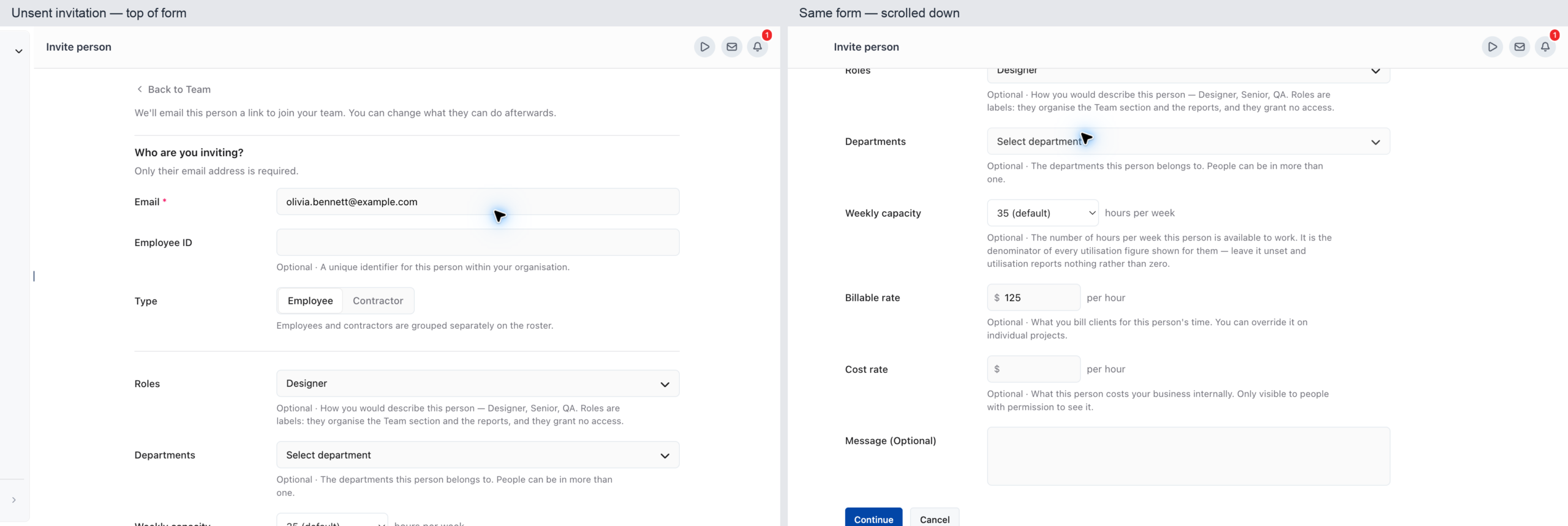 Invite person page on step 1, with Email, Type, Roles, Weekly capacity and Billable rate filled in