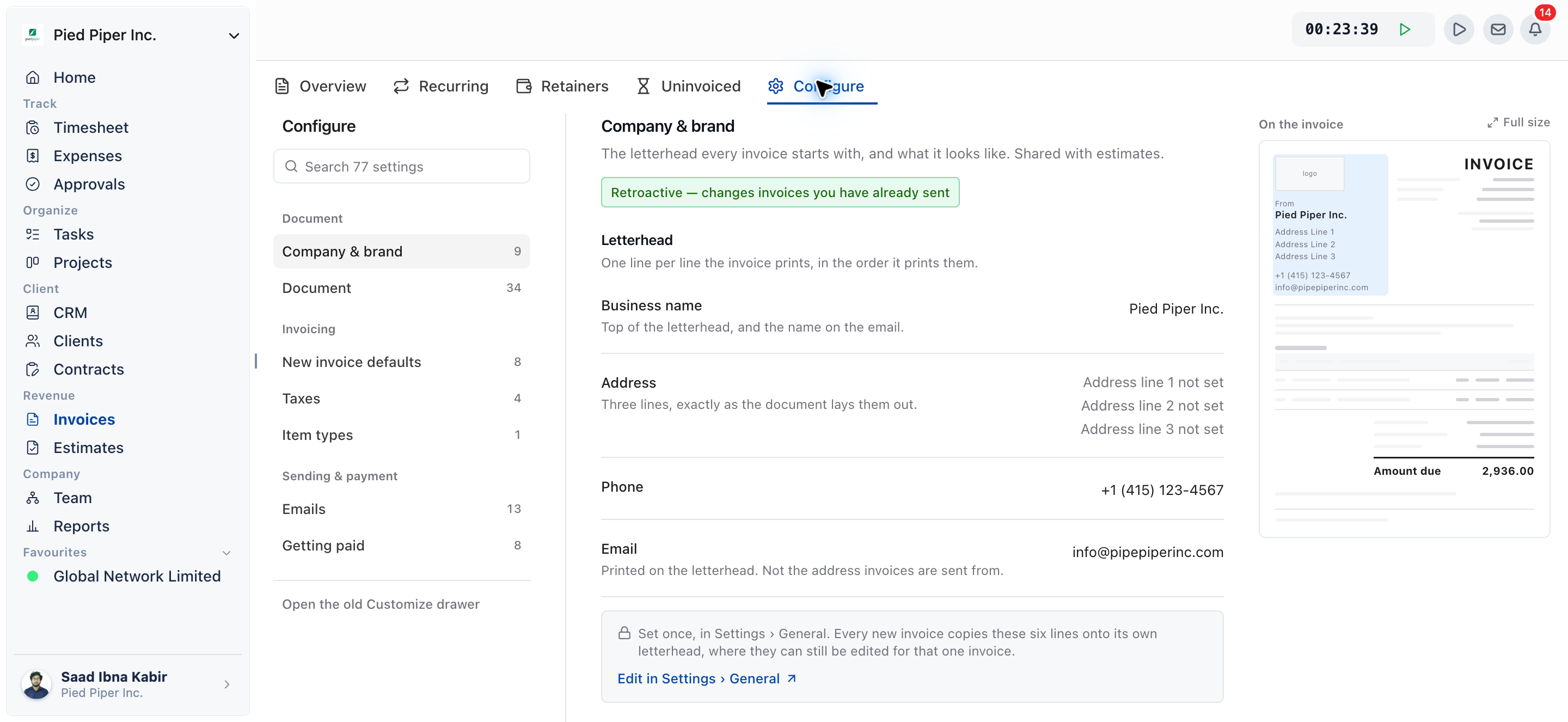 Invoices, Configure, Company & brand page with the side rail on the left and the On the invoice preview on the right