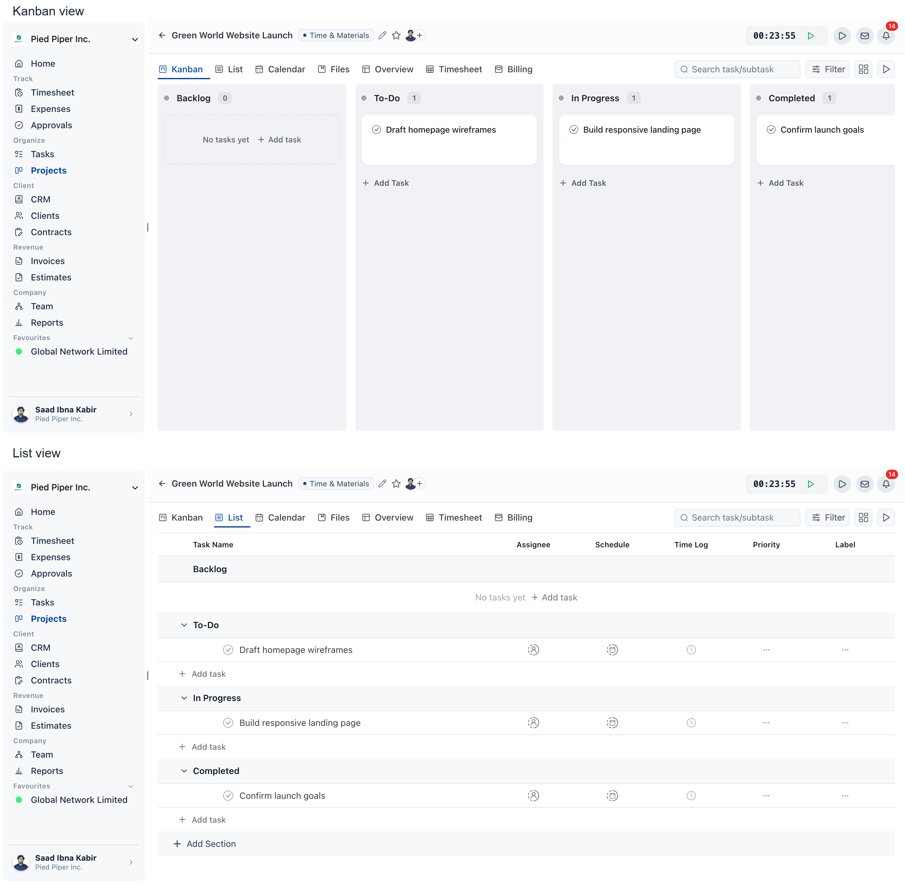 The same project shown in the Kanban view with stage columns, next to the List view