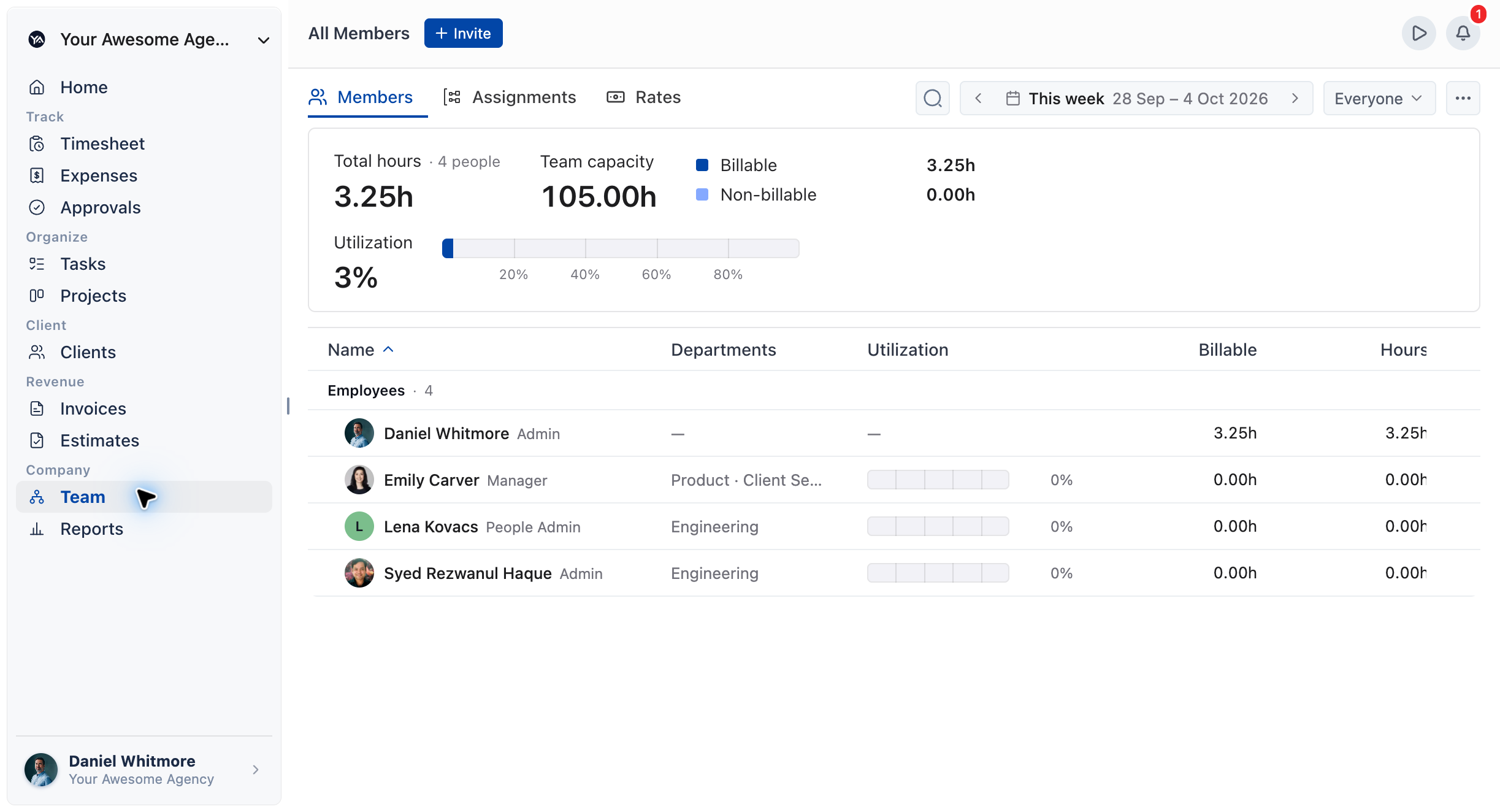 Team page on the Members tab, showing the roster with the Name, Departments, Hours and Capacity columns