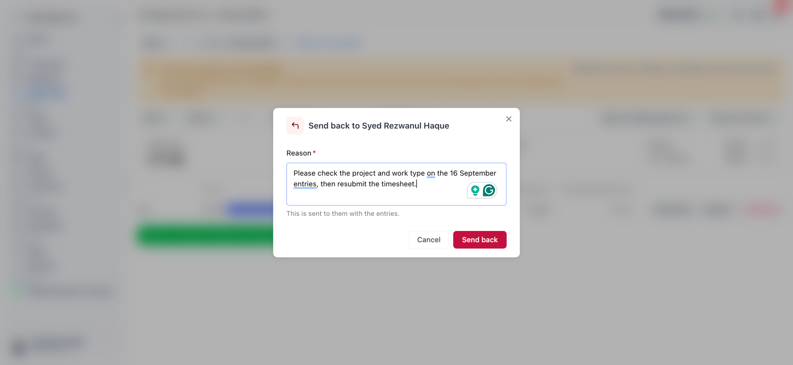 Approvals page with the Send back dialog open and the Reason field filled in