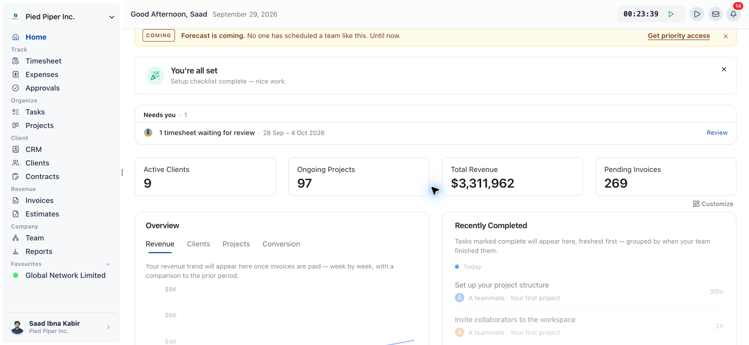 Home dashboard with the Needs you queue above the KPI strip and widgets below