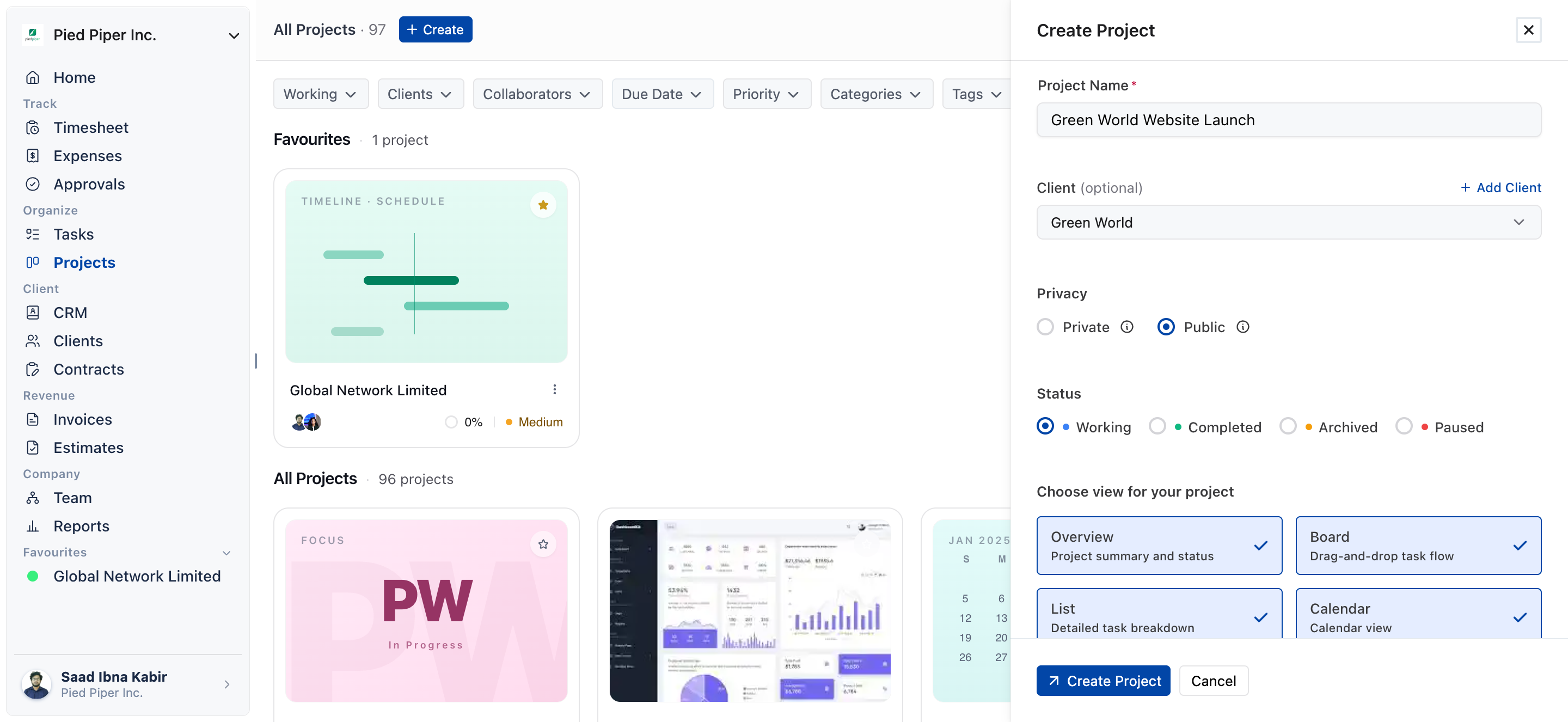 Create Project drawer with Project Name filled in, a client selected, Public chosen and all seven views ticked
