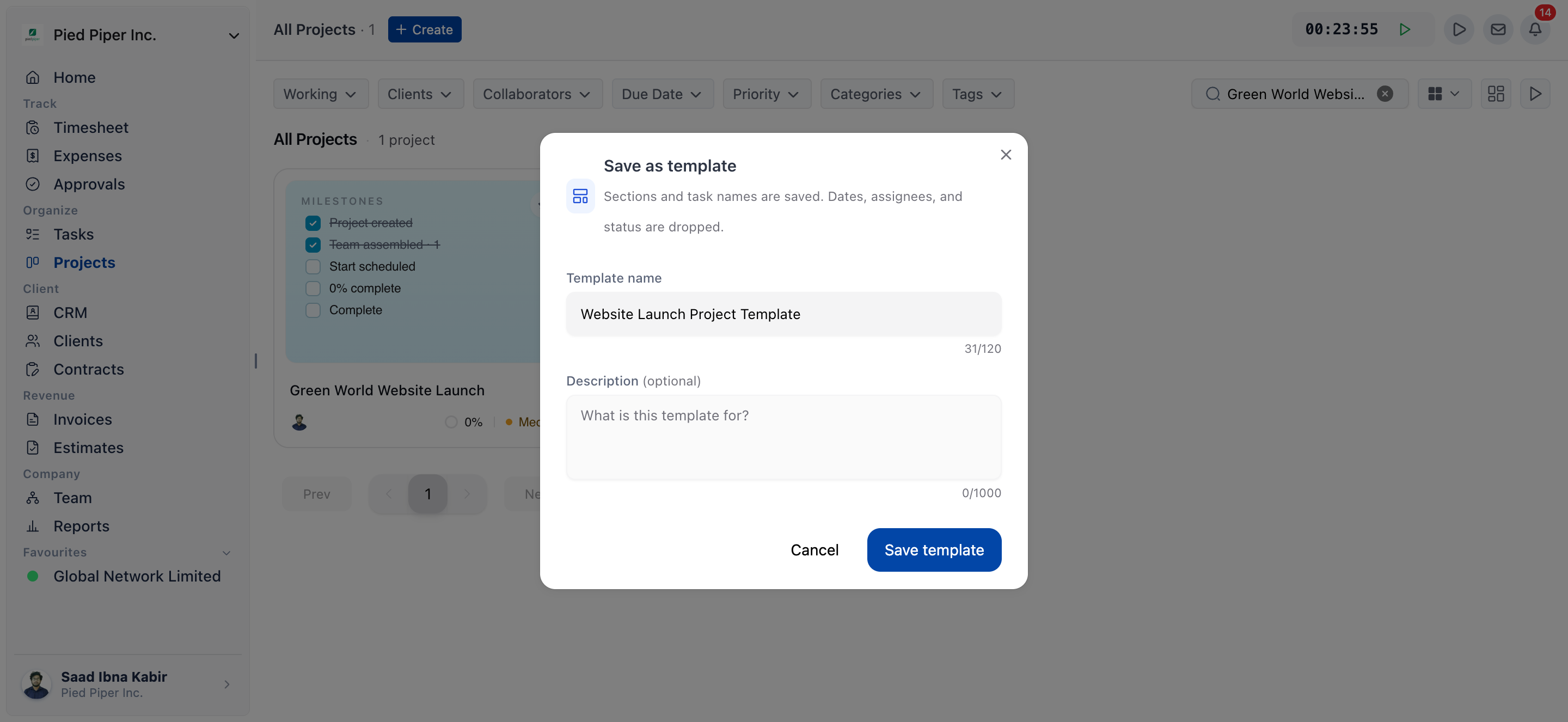 Save as template dialog opened from a project row menu, with Template name filled in