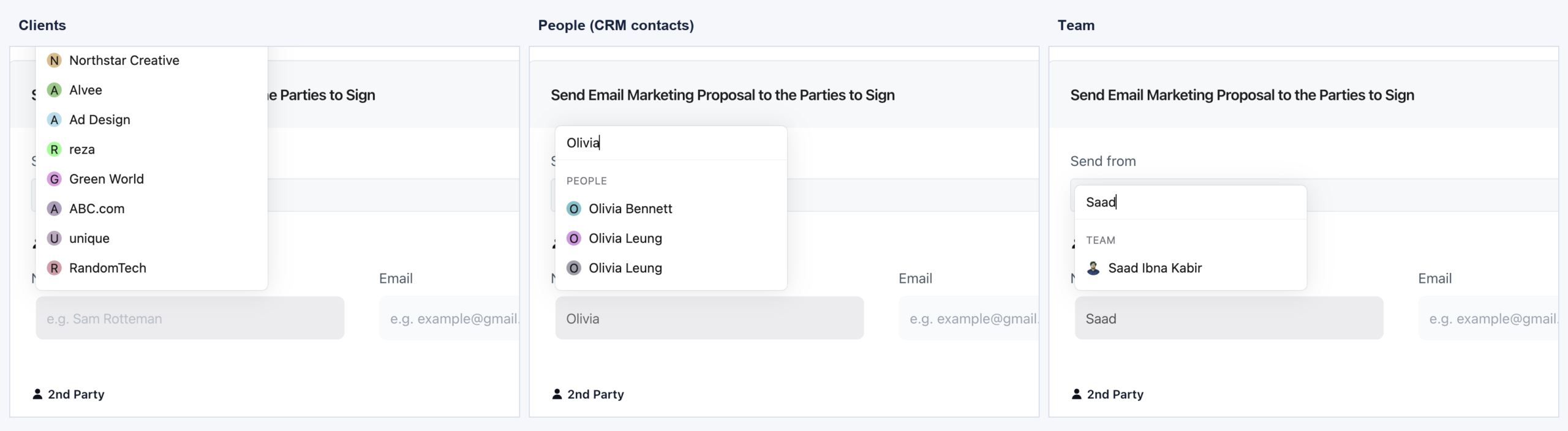 Send Parties to Sign screen with a signer field showing suggested contacts from Clients, Leads and Team