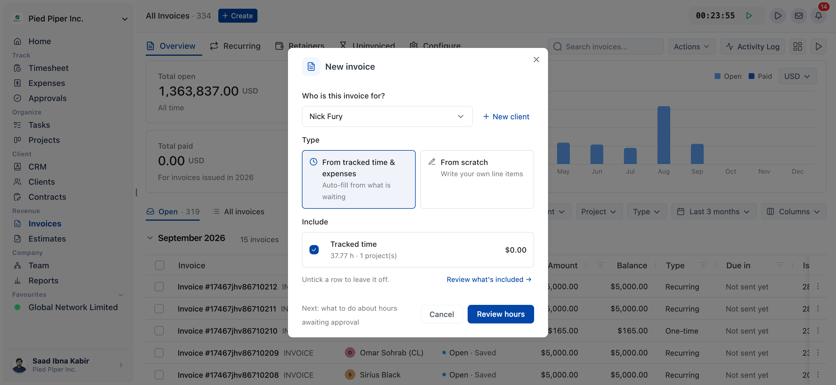 New invoice dialog with a client selected, Type set to From tracked time & expenses, and the tracked time row ticked under Include