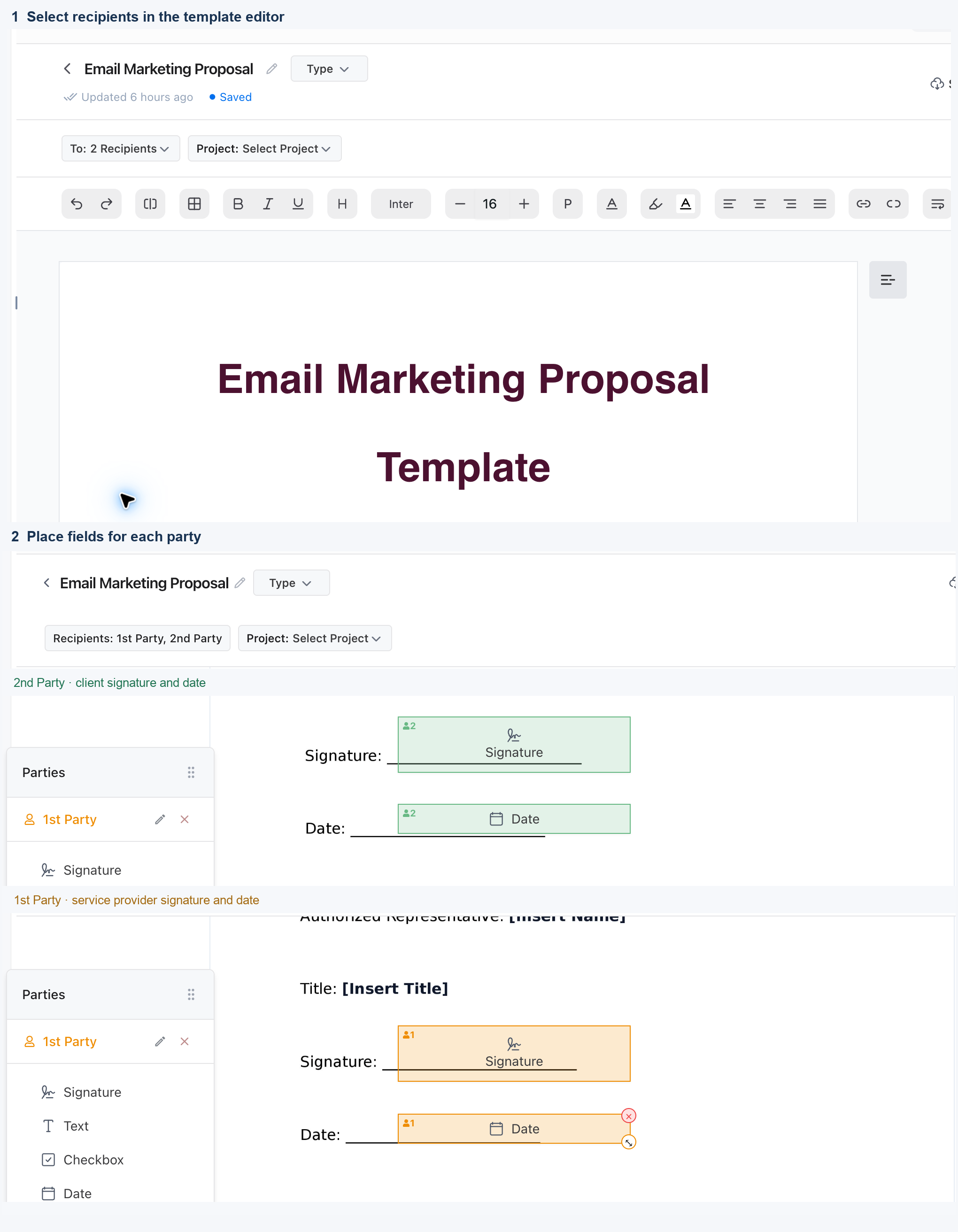 Document editor with a template open, the To: Select Recipients field at the top and the Parties panel on the left