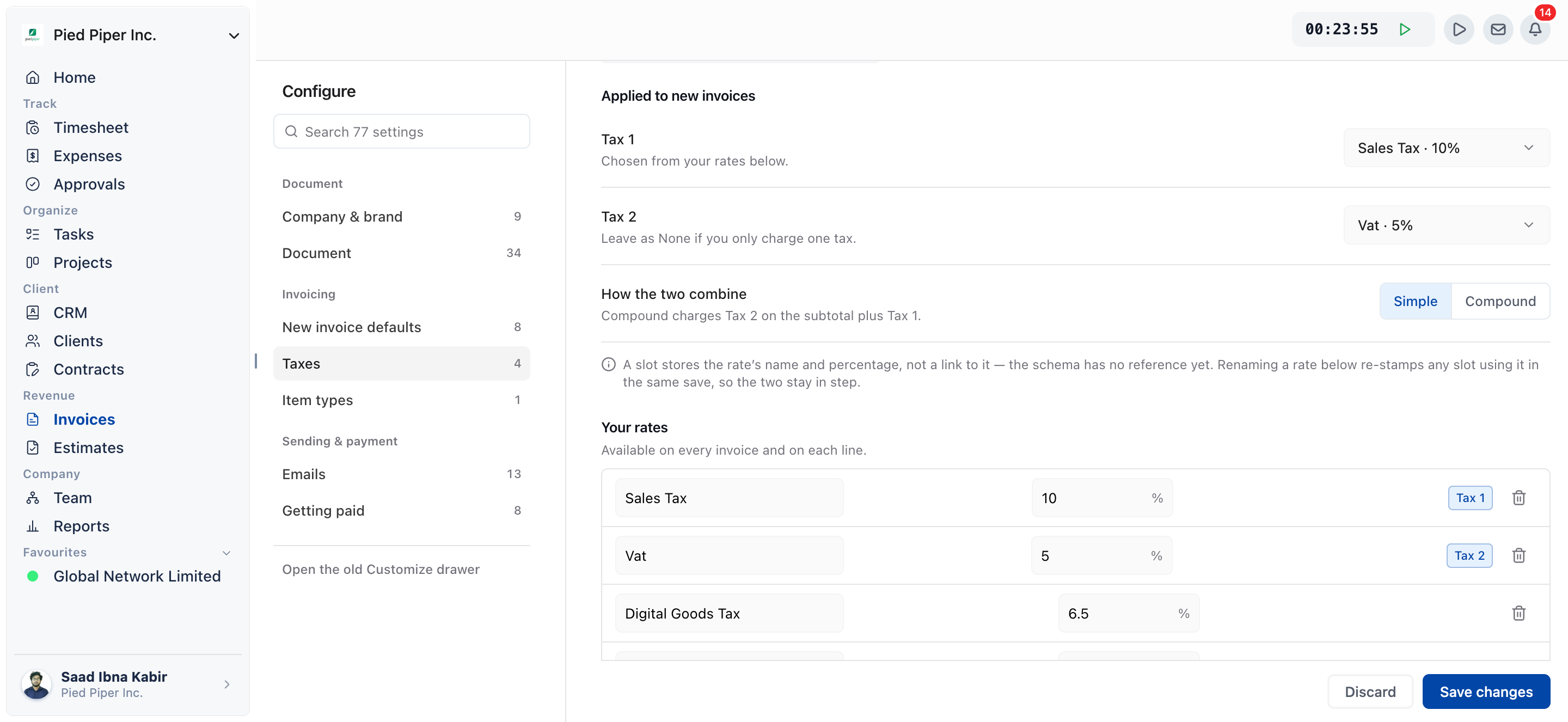 Invoices, Configure, Taxes page with two rates under Your rates and Tax 1 and Tax 2 chosen under Applied to new invoices