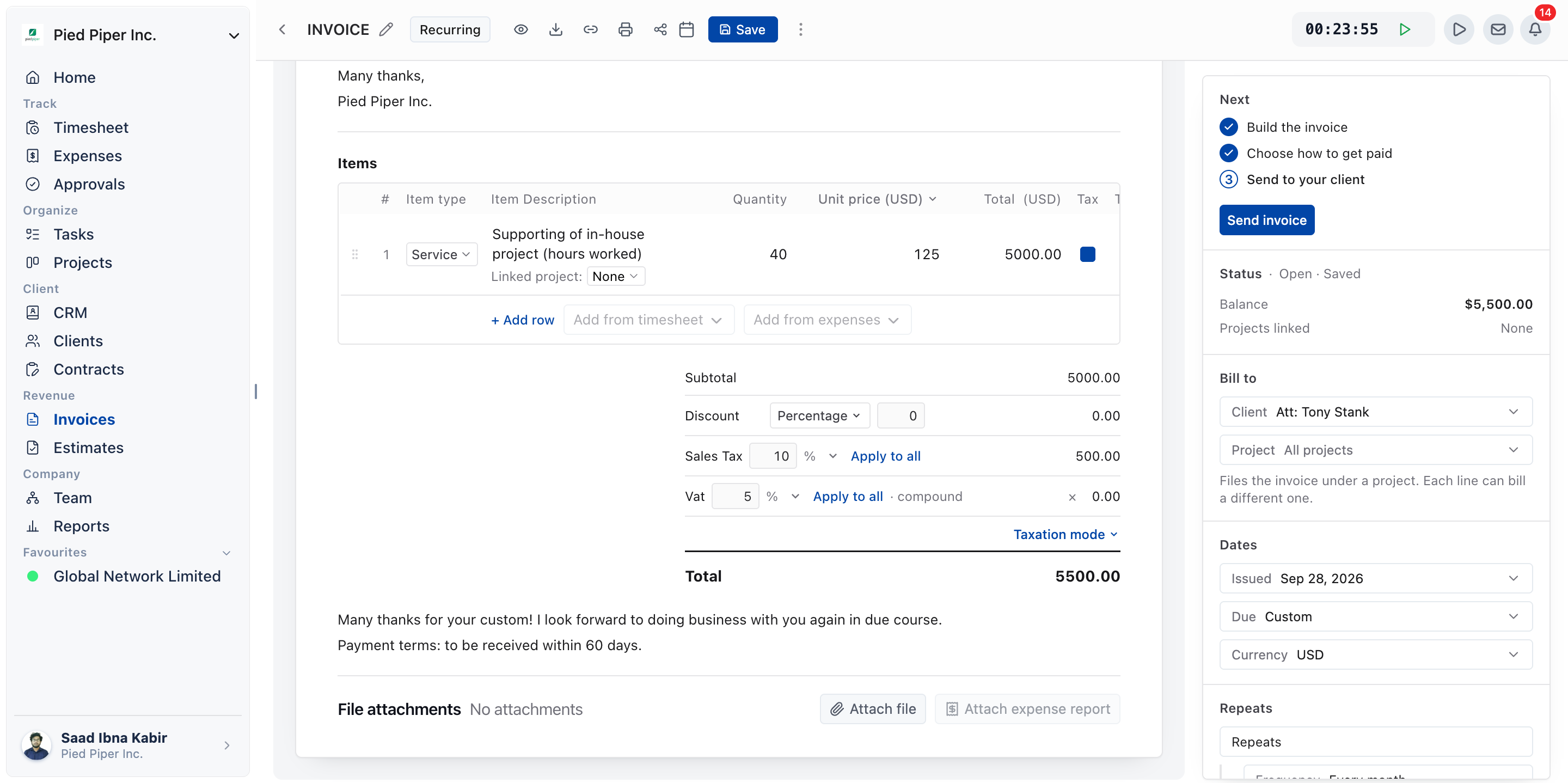 Invoice editor totals area with Tax and Tax 2 rates chosen and Taxation mode set to Compound