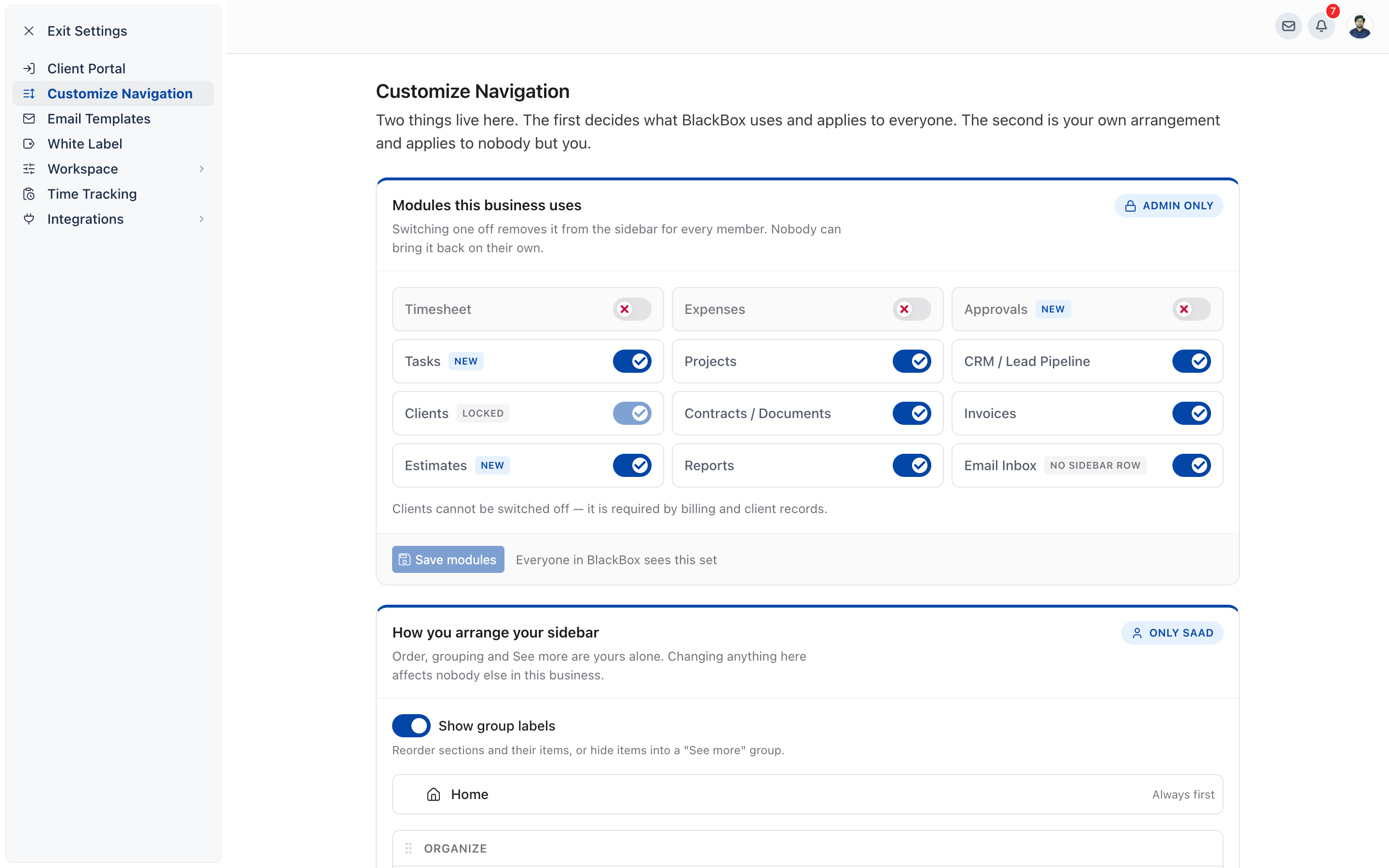 Settings, Customize Navigation page with the Modules this business uses block and the Save modules button