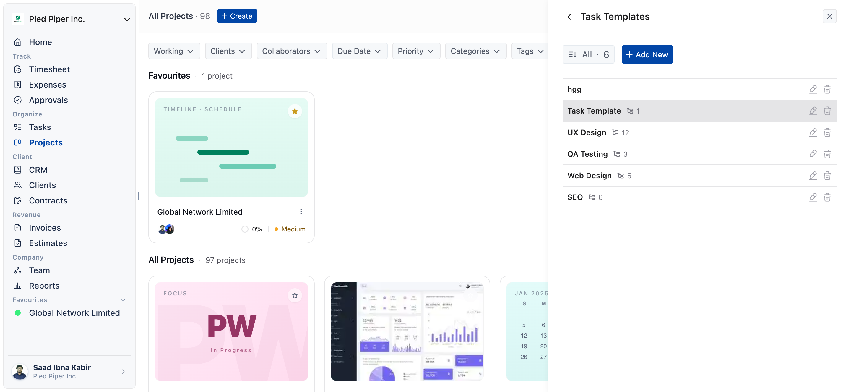 Projects section with the Task Templates list open