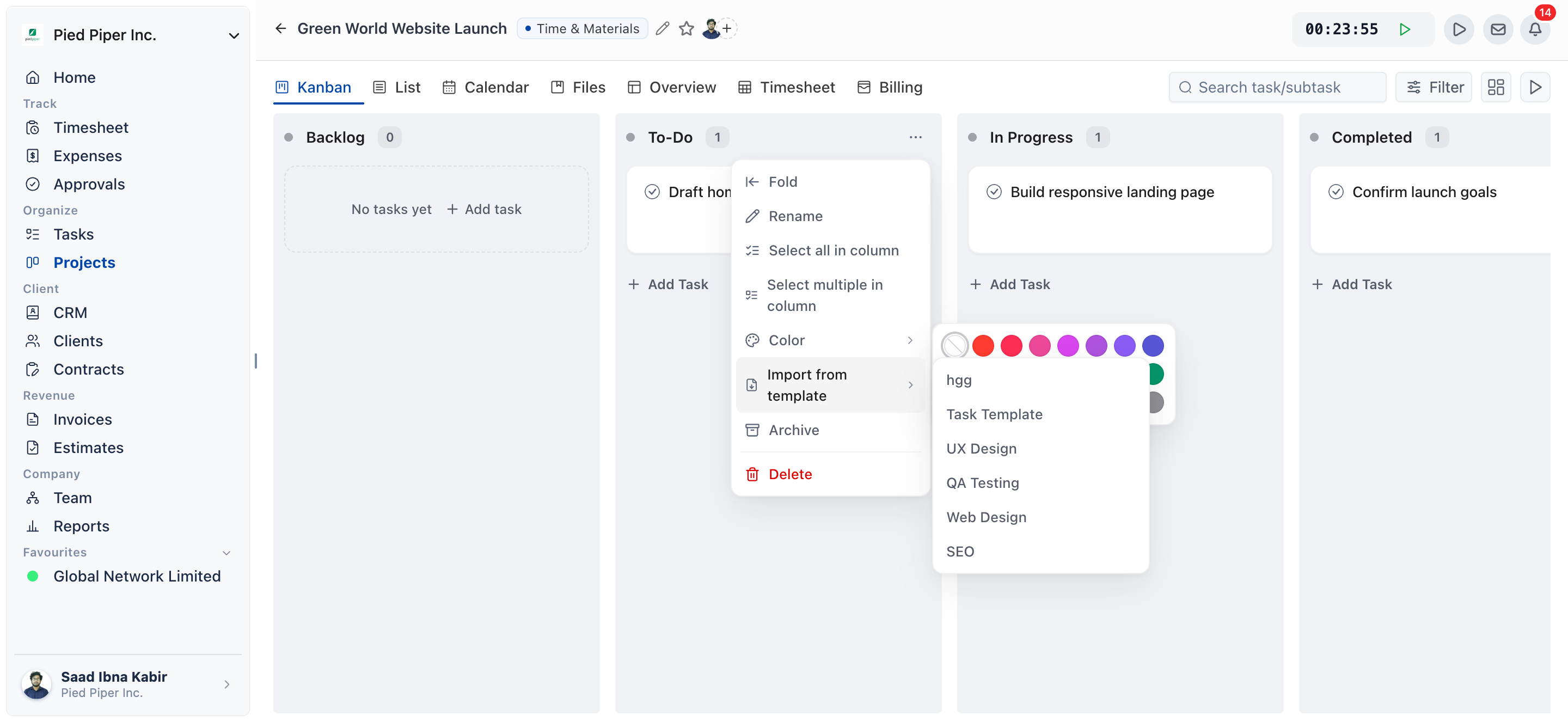 A project's Kanban view with the three-dot menu open on Import Tasks from Templates and the list of saved templates