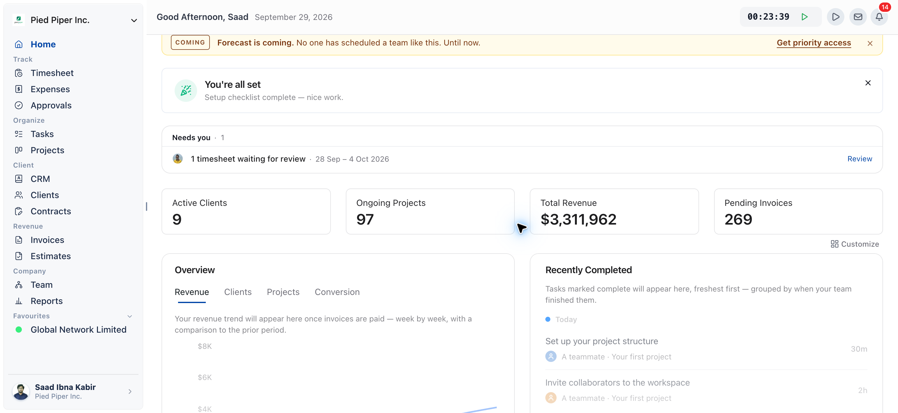 OneSuite sidebar showing Home and the Track, Organize, Client, Revenue and Company groups